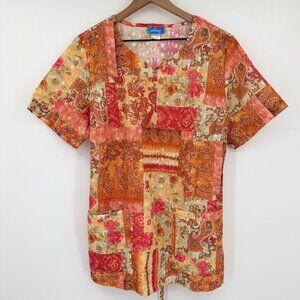 Elan By Barco Scrub Top Women L Beautiful Orange Pink Floral Paisley Patchwork